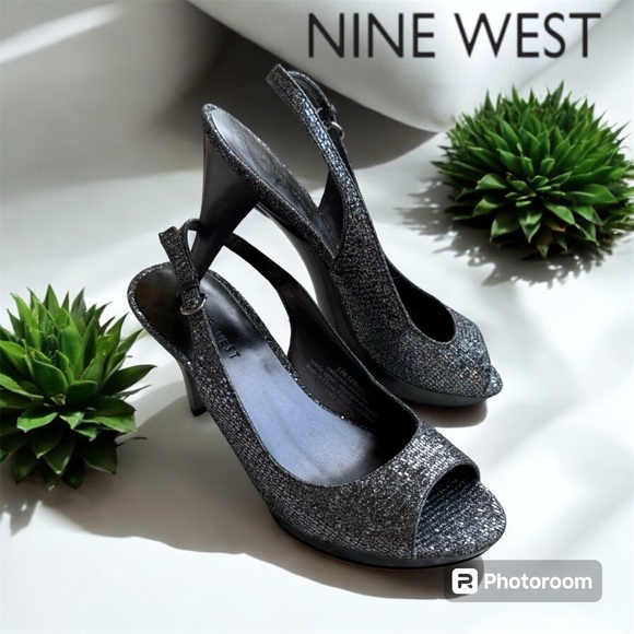 Nine West Silver Glitter Slingback Heels - Picture 1 of 11